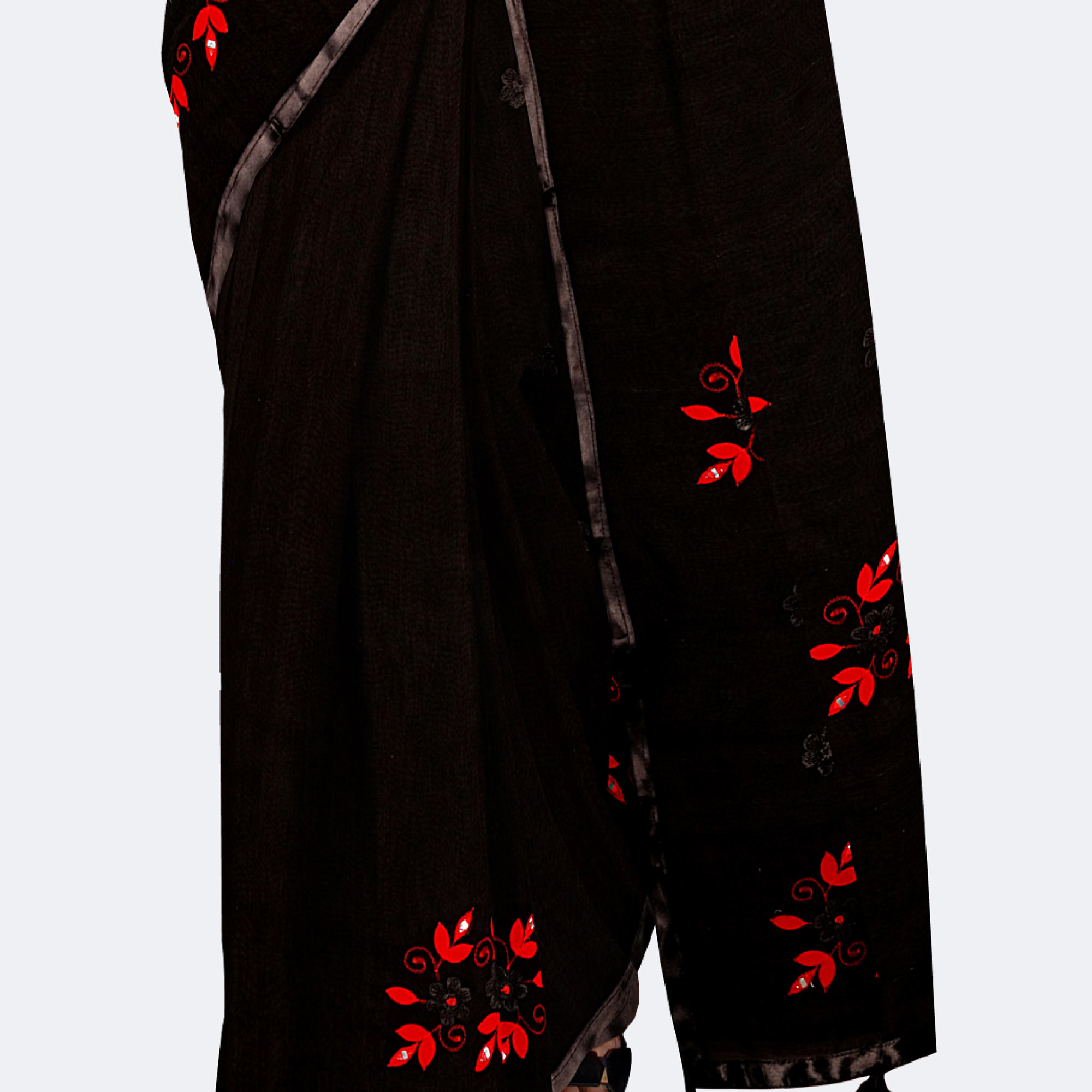 Black Applique Design Half Silk Saree